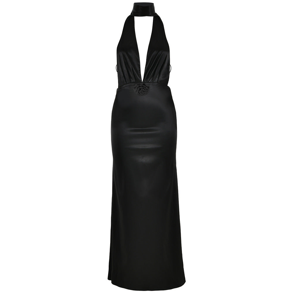 Sexy Solid Color Deep V Plunge neck Halter Lace up Backless Sheath Dress by Ragazza