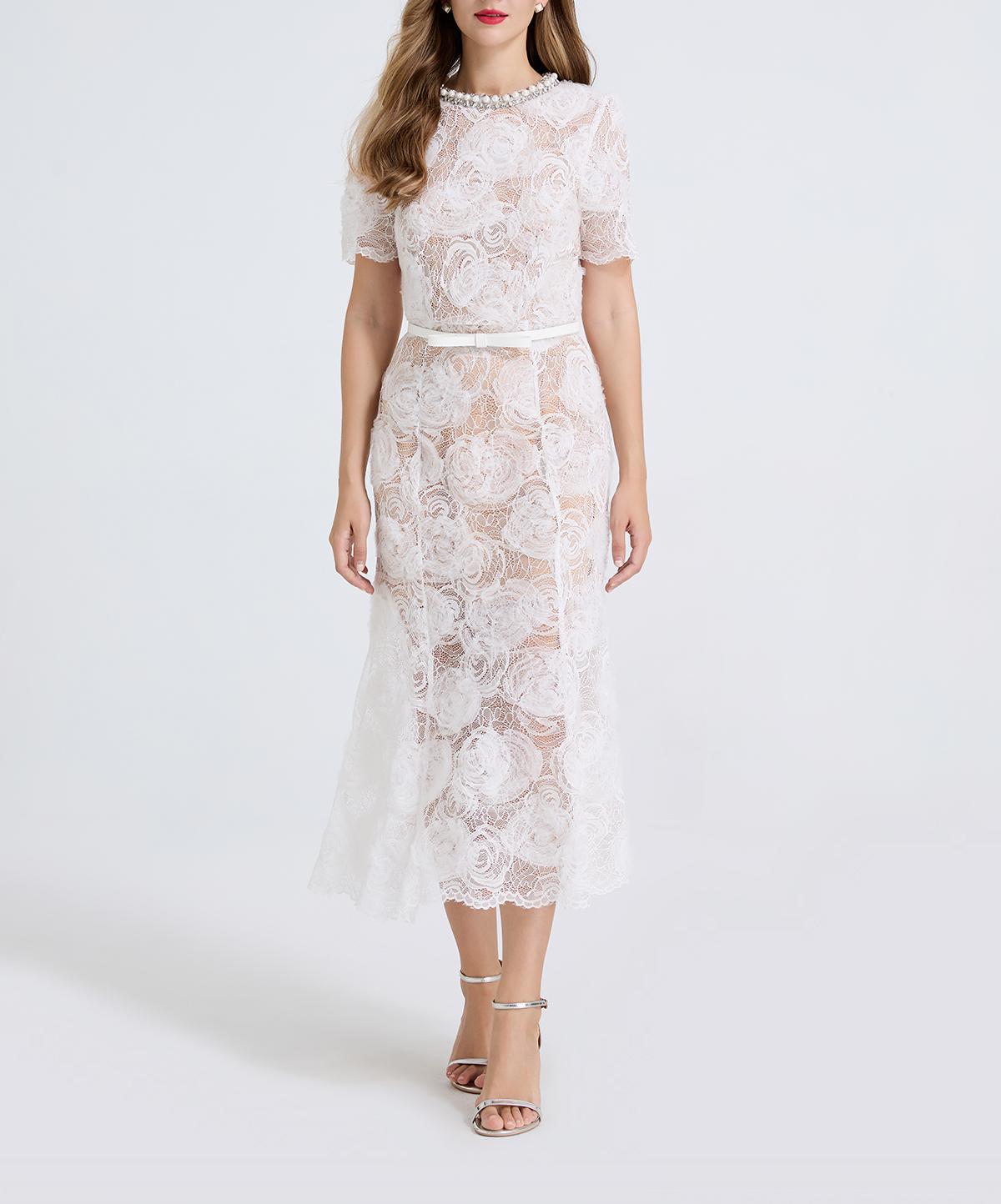 Women Sheer Lace Beaded Rhinestone Studded Fitted Fishtail Dress by Ragazza