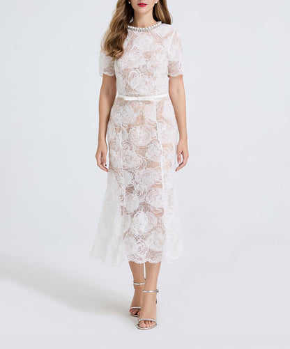 Women Sheer Lace Beaded Rhinestone Studded Fitted Fishtail Dress by Ragazza