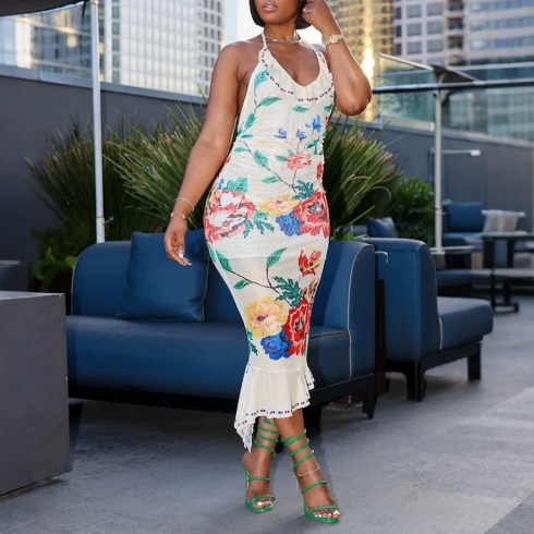 Sexy Backless Lace Printing Dress Sheath Sexy Maxi Dress Irregular Asymmetric Lotus Floral Swing by Ragazza