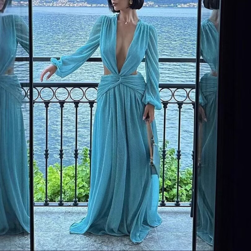 Beach Vacation Sexy Dress Women Summer Cropped Outfit Solid Color Seaside Atmosphere Maxi Dress by Ragazza