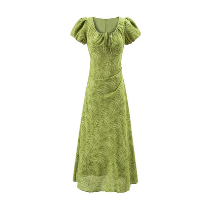 Sweet Printed Chic Puff Sleeve Maxi Dress round Neck Sexy Slim Fit Party Dress by Ragazza