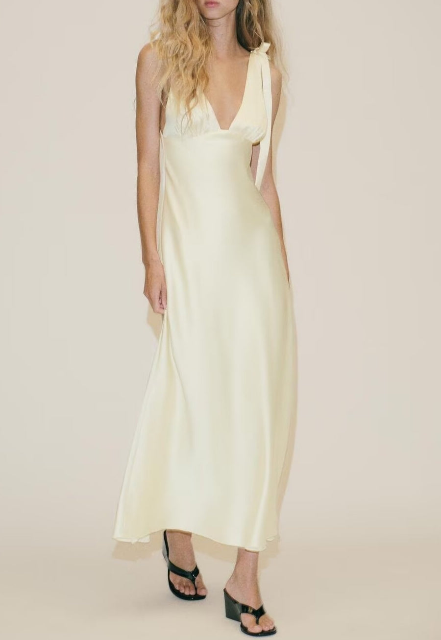 Summer Women Clothing Sexy Bowknot Decoration Silk Satin Texture Midi Dress by Ragazza