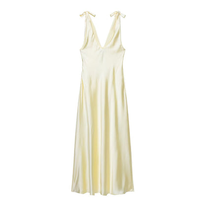 Summer Women Clothing Sexy Bowknot Decoration Silk Satin Texture Midi Dress by Ragazza