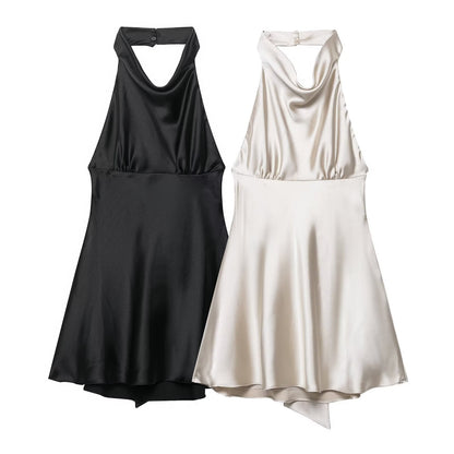 Women Clothing French Silk Satin Texture Waist Tight Halter Short Dress by Ragazza