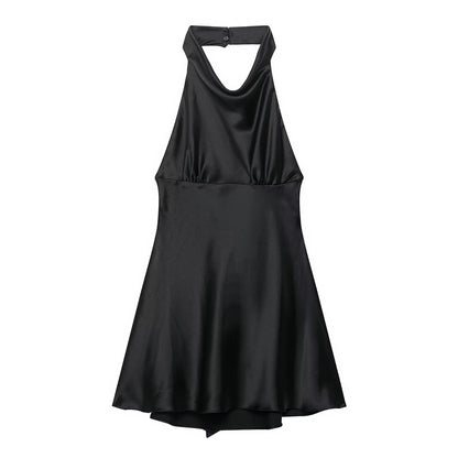 Women Clothing French Silk Satin Texture Waist Tight Halter Short Dress by Ragazza