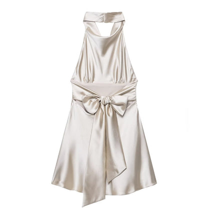 Women Clothing French Silk Satin Texture Waist Tight Halter Short Dress by Ragazza