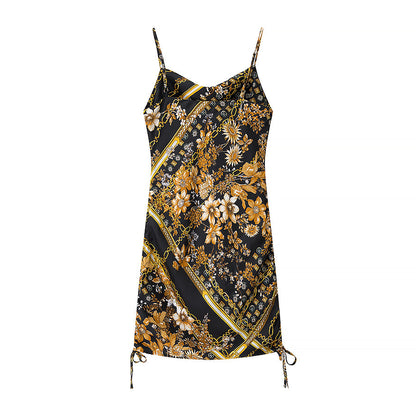 Women Side Drawstring Printing Slip Dress by Ragazza