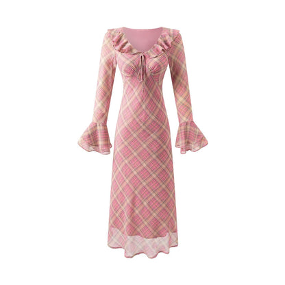 Ruffled Collar Lace up Retro Plaid Slim Fit Long Sleeve Dress by Ragazza