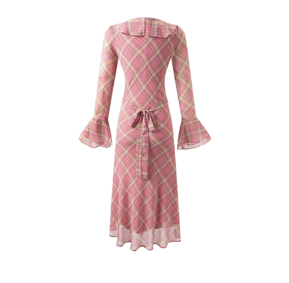 Ruffled Collar Lace up Retro Plaid Slim Fit Long Sleeve Dress by Ragazza