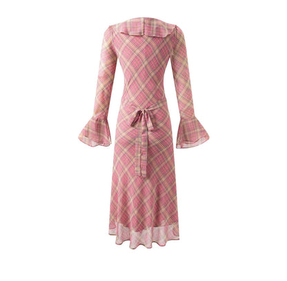 Ruffled Collar Lace up Retro Plaid Slim Fit Long Sleeve Dress by Ragazza