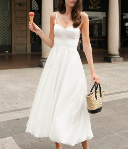 Cotton Sling Balloon Dress Summer Tight Waist Bubble Swing Dress Pure Cotton Dress Women by Ragazza
