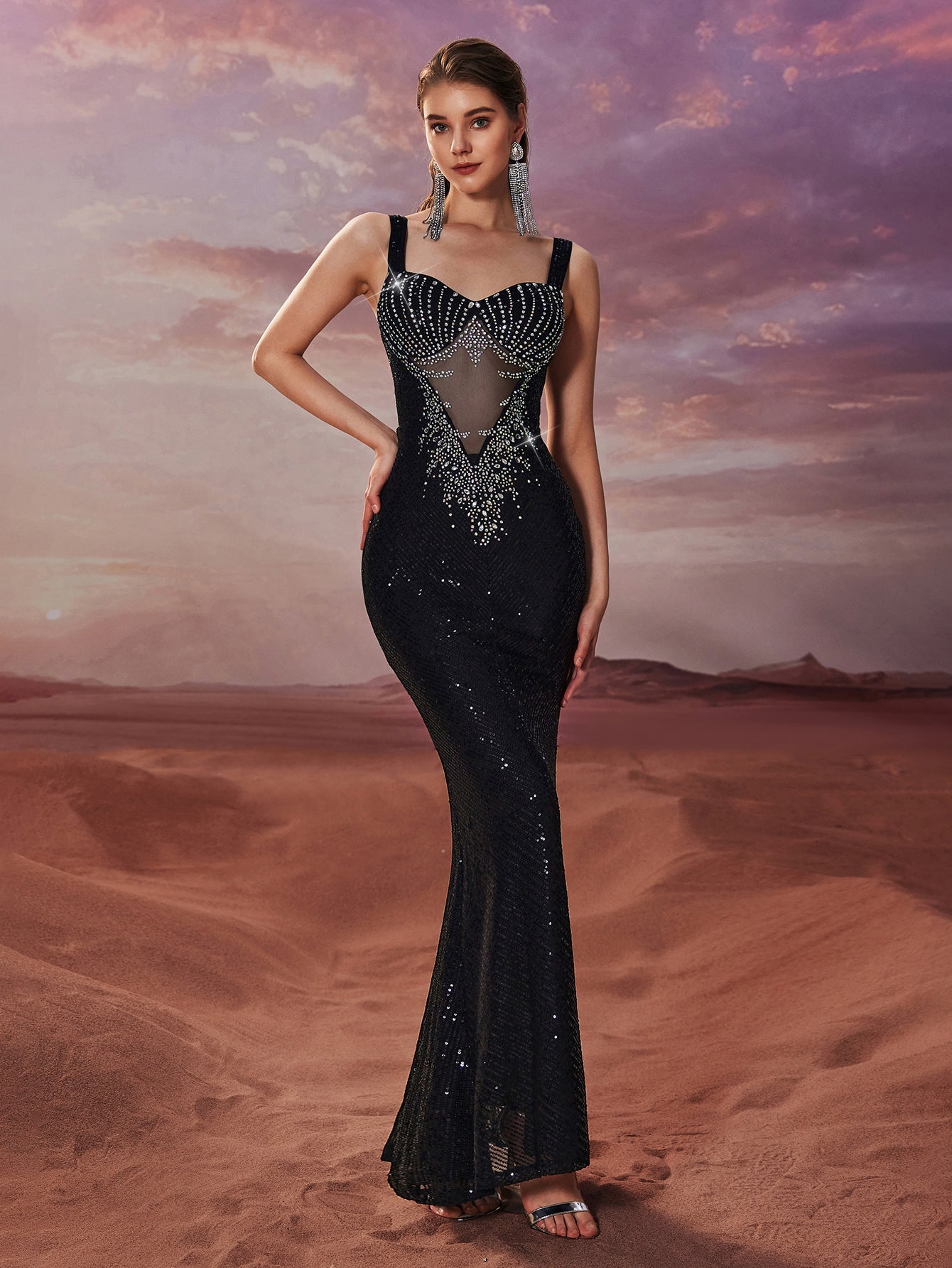 Women Sequin Drilling See through Sexy Evening Dress Sleeveless Slim Fit Elegant Fishtail Dress by Ragazza
