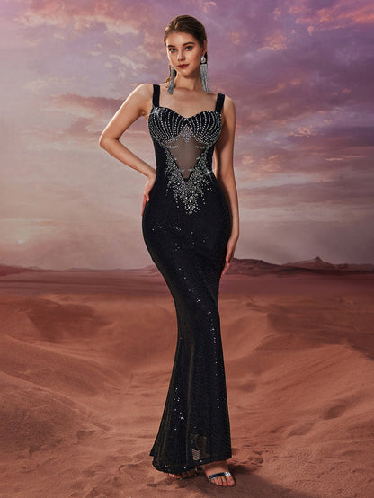 Women Sequin Drilling See through Sexy Evening Dress Sleeveless Slim Fit Elegant Fishtail Dress by Ragazza