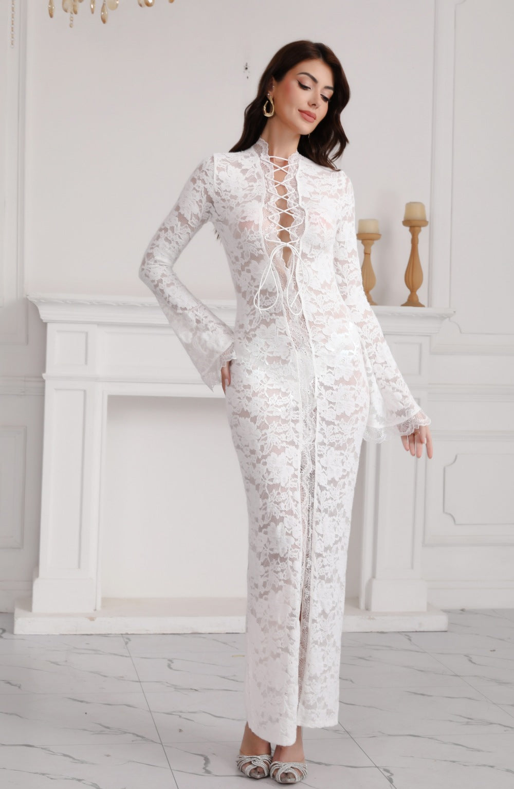 Summer Sexy Lace See through Street Slit Long Sleeve Dress by Ragazza