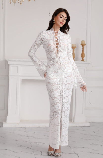 Summer Sexy Lace See through Street Slit Long Sleeve Dress by Ragazza