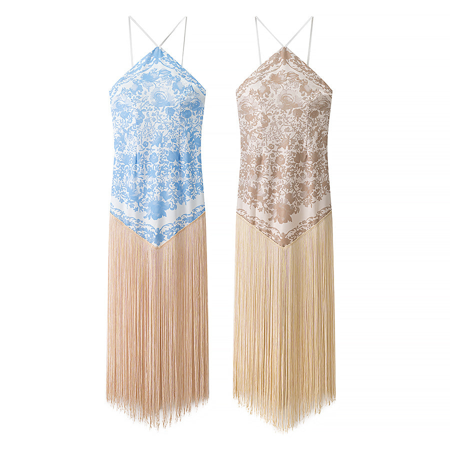 Fall Women Clothing Simple Halter Glossy Tassel Dress by Ragazza