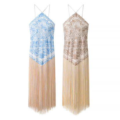 Fall Women Clothing Simple Halter Glossy Tassel Dress by Ragazza
