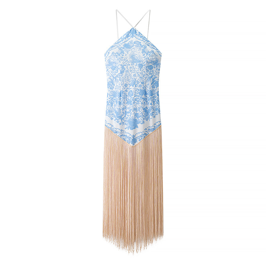 Fall Women Clothing Simple Halter Glossy Tassel Dress by Ragazza