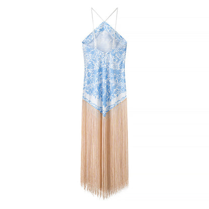 Fall Women Clothing Simple Halter Glossy Tassel Dress by Ragazza