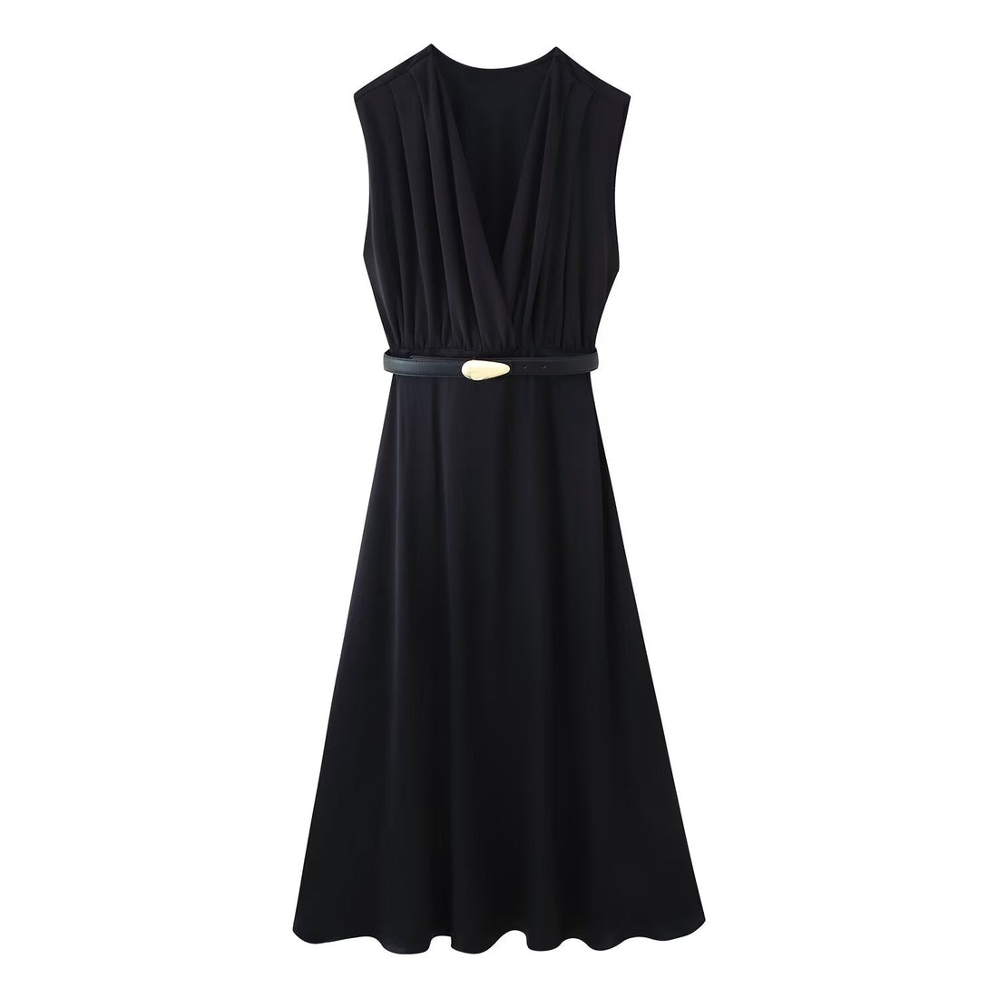 Summer Women Casual Slimming Solid Color V neck with Belt Stitching Midi Dress by Ragazza