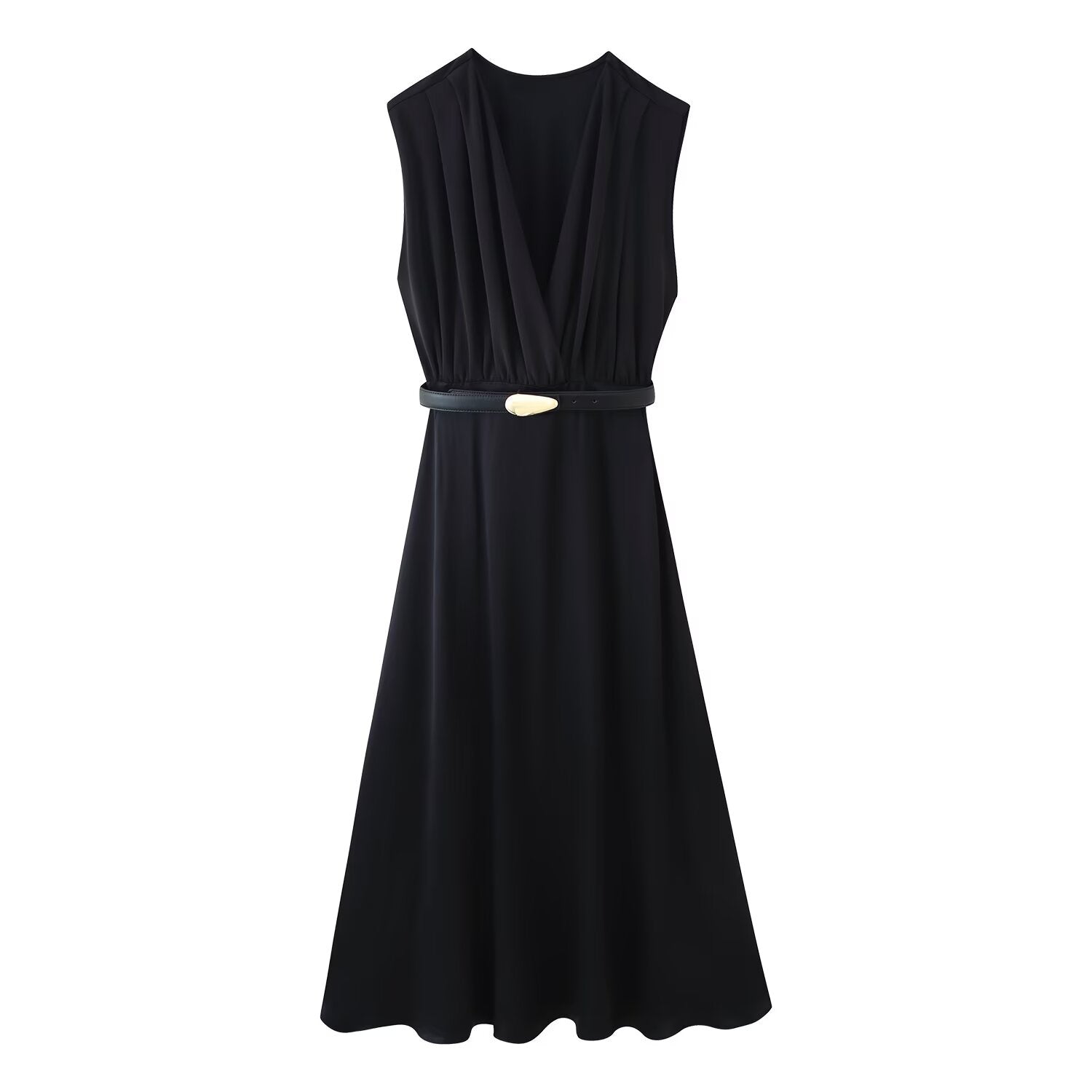 Summer Women Casual Slimming Solid Color V neck with Belt Stitching Midi Dress by Ragazza