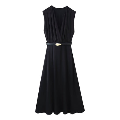 Summer Women Casual Slimming Solid Color V neck with Belt Stitching Midi Dress by Ragazza
