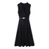 Summer Women Casual Slimming Solid Color V neck with Belt Stitching Midi Dress by Ragazza