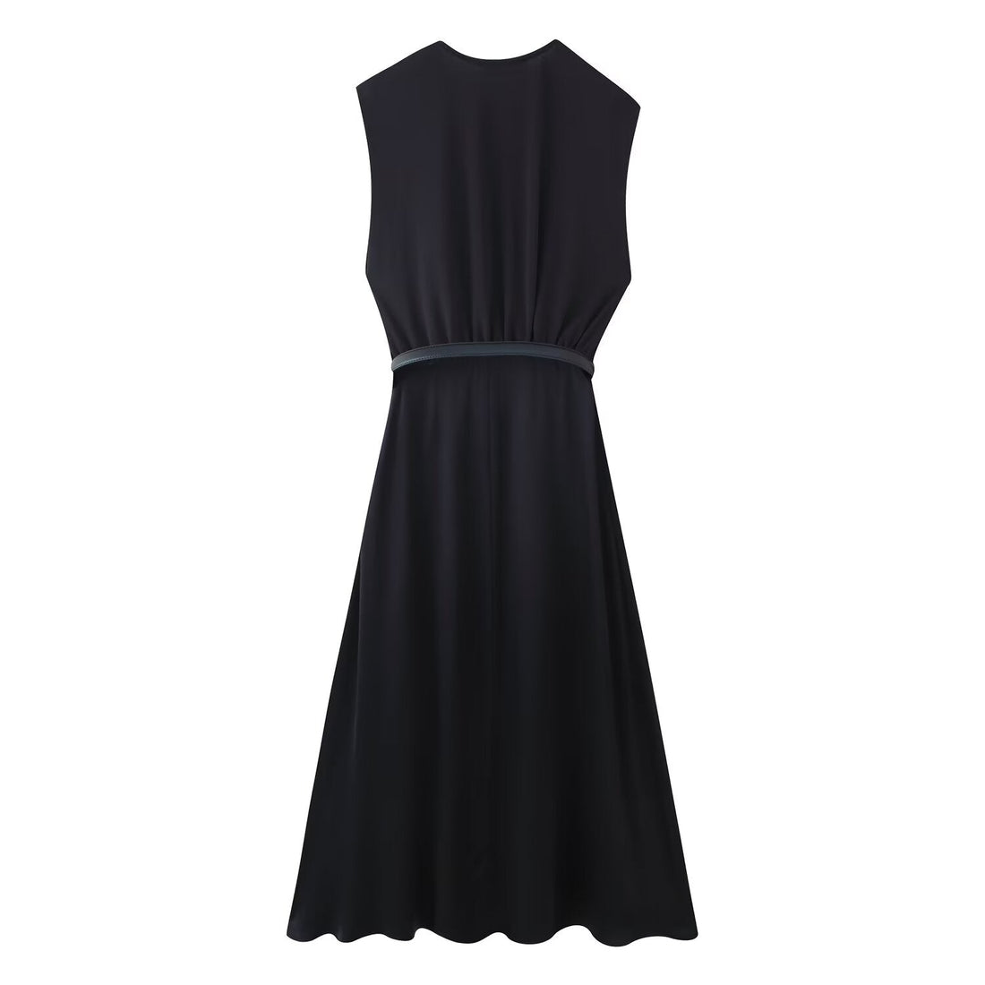 Summer Women Casual Slimming Solid Color V neck with Belt Stitching Midi Dress by Ragazza