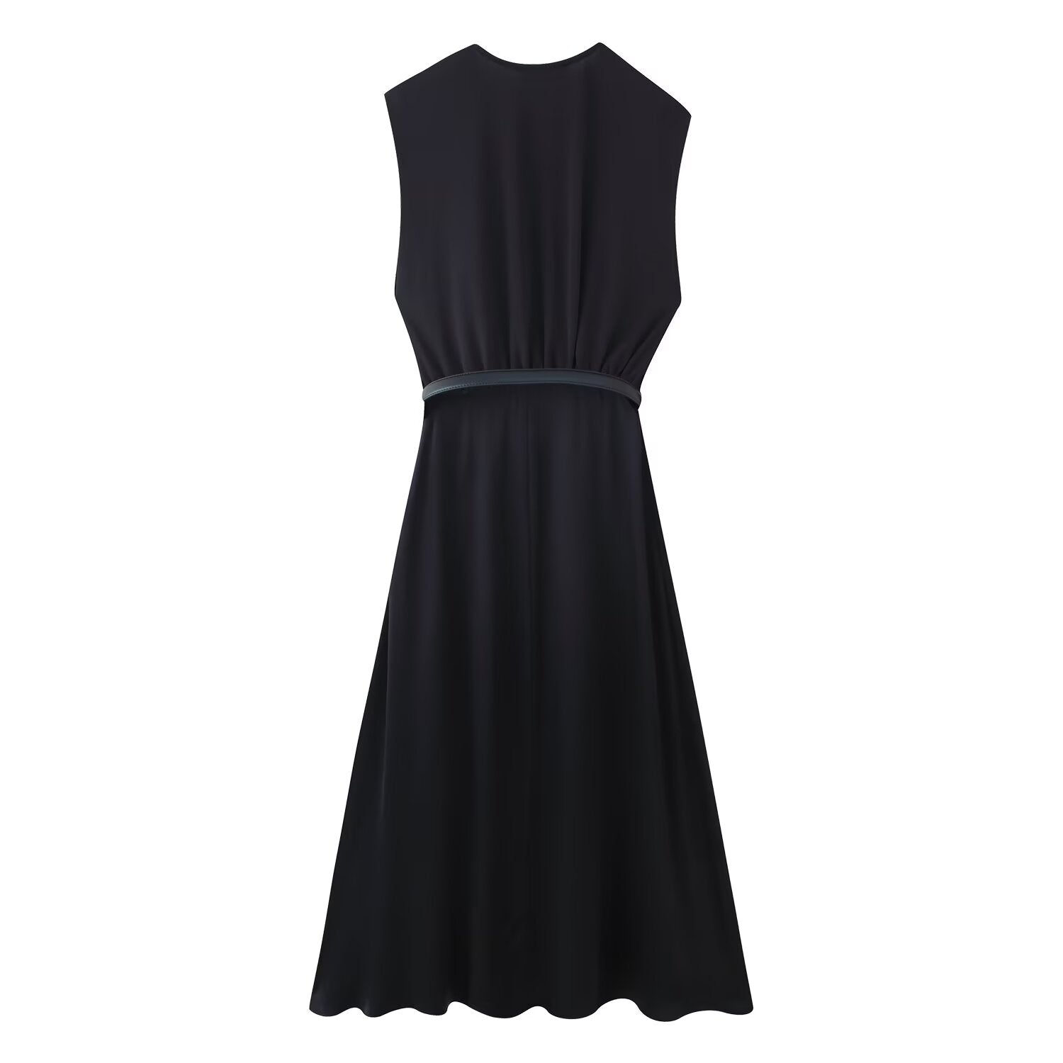 Summer Women Casual Slimming Solid Color V neck with Belt Stitching Midi Dress by Ragazza