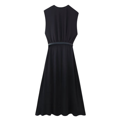 Summer Women Casual Slimming Solid Color V neck with Belt Stitching Midi Dress by Ragazza