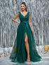 Dark Green V neck Evening Dress Mesh Slit Dress Annual Meeting Sequ Host Formal Dress Women by Ragazza