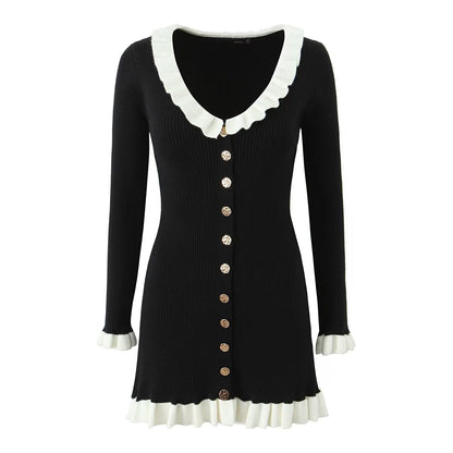 French Retro Debutante Lotus Collar Long Sleeve Dress Women Design Stitching Contrast Color Slim Fit Knitted by Ragazza