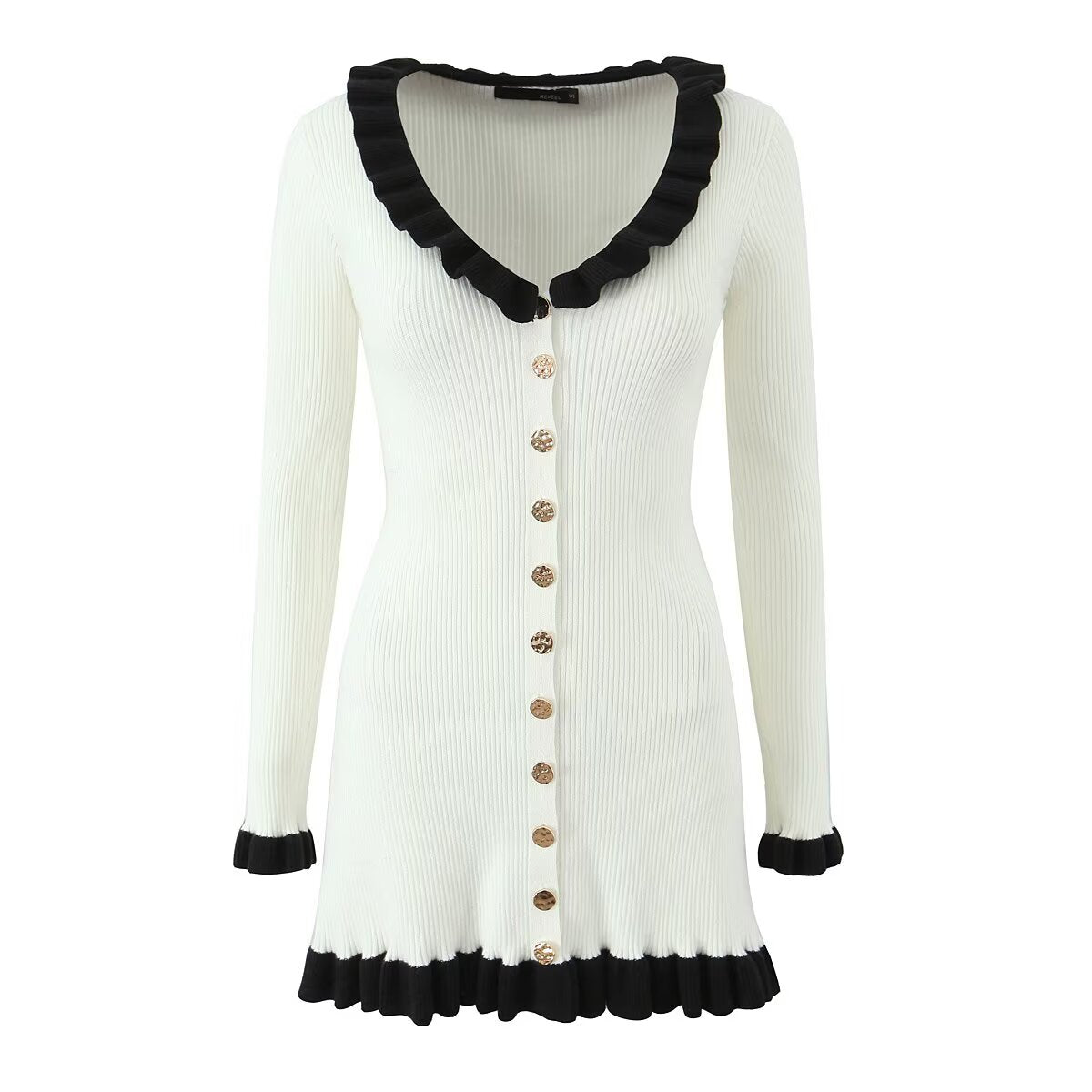 French Retro Debutante Lotus Collar Long Sleeve Dress Women Design Stitching Contrast Color Slim Fit Knitted by Ragazza
