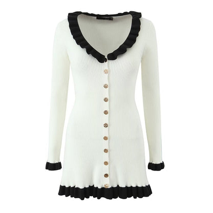 French Retro Debutante Lotus Collar Long Sleeve Dress Women Design Stitching Contrast Color Slim Fit Knitted by Ragazza