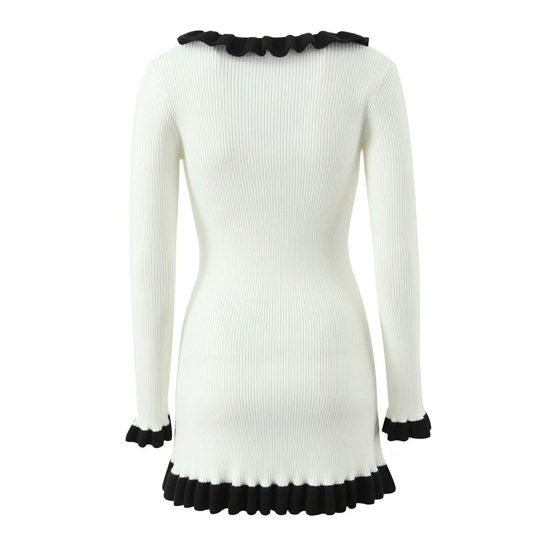 French Retro Debutante Lotus Collar Long Sleeve Dress Women Design Stitching Contrast Color Slim Fit Knitted by Ragazza