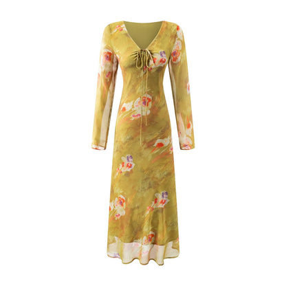 Floral Mid Length Dress Printed Yellow Summer Women Clothing Picture Color Stitching Midi Dress by Ragazza