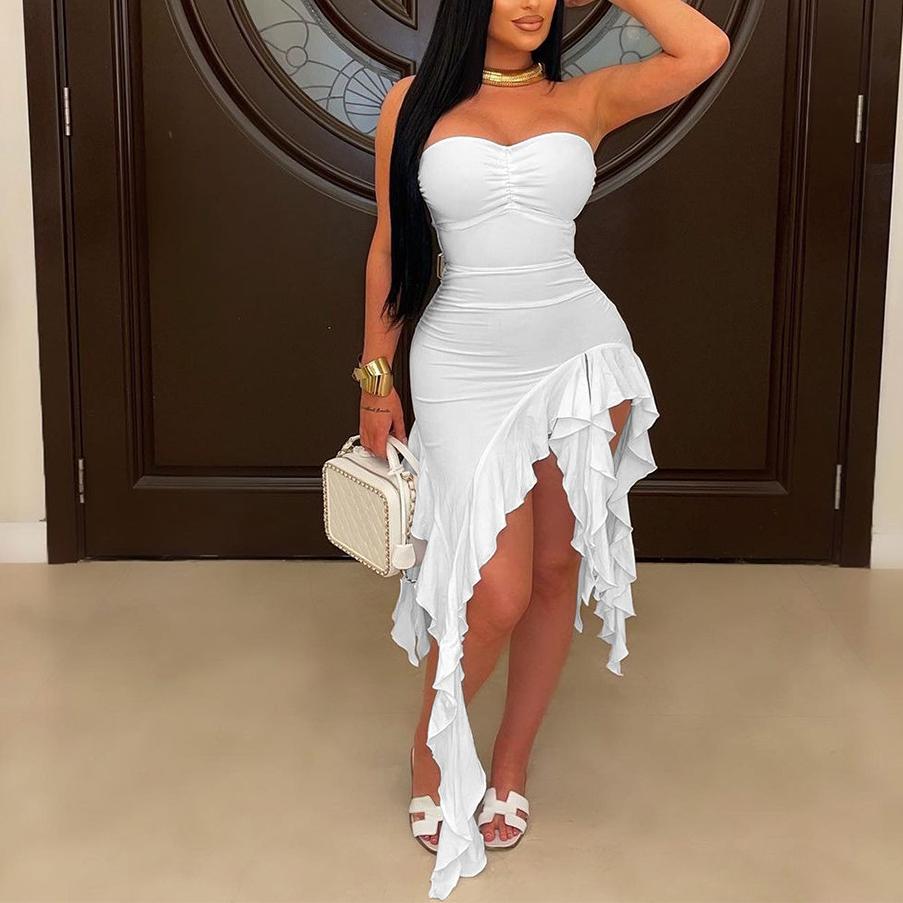 Tube Top Irregular Asymmetric Dress Solid Color Ruffles Dress Women Sheath by Ragazza