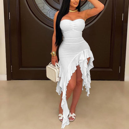 Tube Top Irregular Asymmetric Dress Solid Color Ruffles Dress Women Sheath by Ragazza