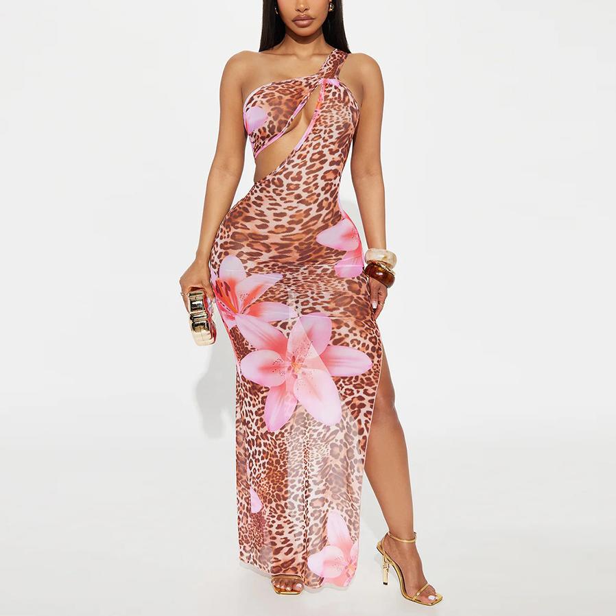 Women Clothing Diagonal Collar Hollow Out Cutout out See through Mesh Floral Print Dress by Ragazza