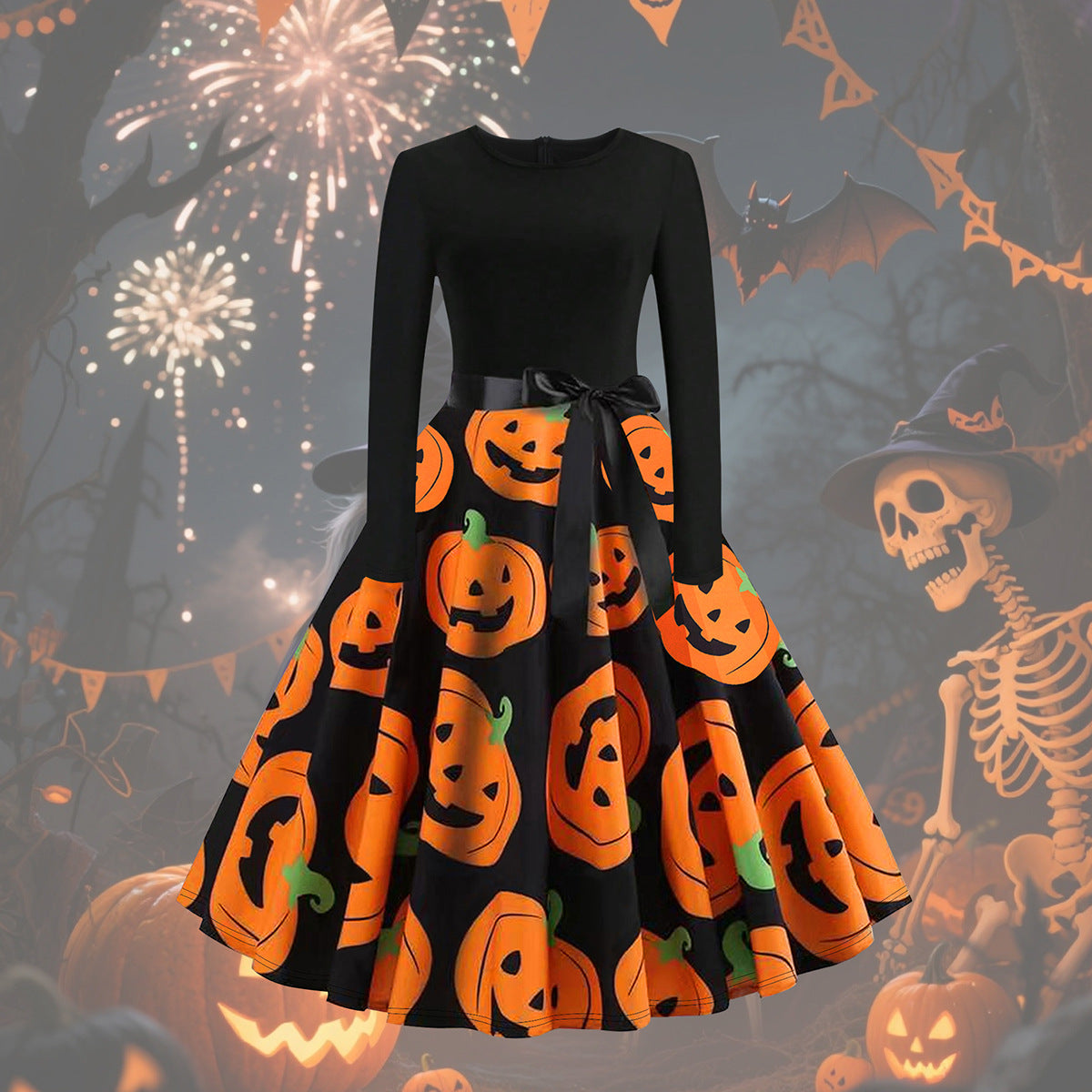Women Clothing Pumpkin Bow Halloween Dress Long Sleeve Princess Holiday Casual by Ragazza