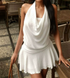 Sexy Swing Collar Dress Women Summer White Halter Backless Faux Two Piece Waist A line Dress by Ragazza