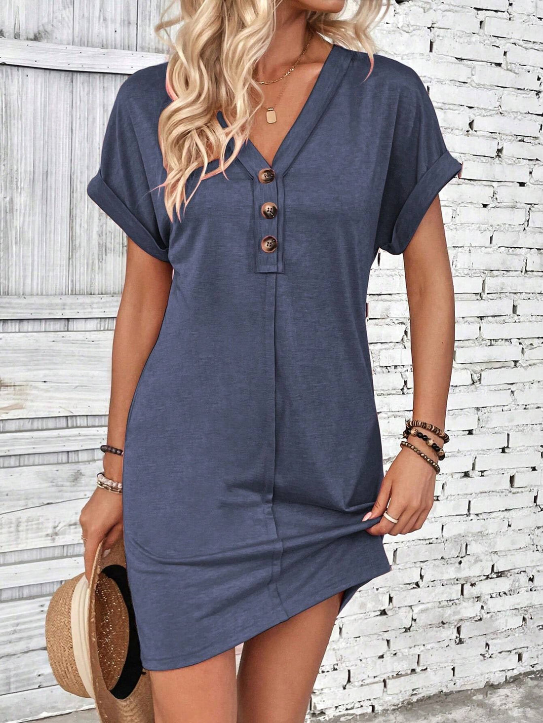 Summer Women Clothing All Match Buckle V neck Shoulder Roll Sleeve Solid Color Dress by Ragazza
