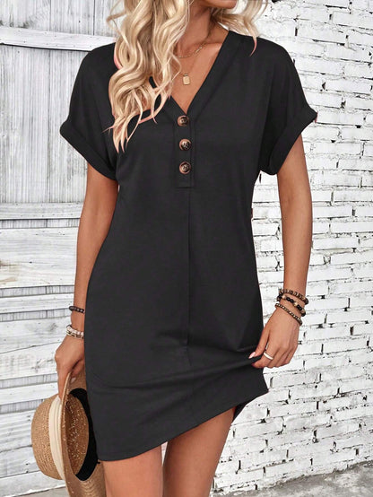 Summer Women Clothing All Match Buckle V neck Shoulder Roll Sleeve Solid Color Dress by Ragazza