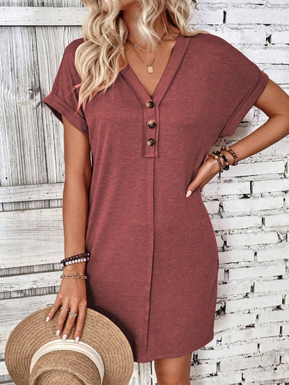Summer Women Clothing All Match Buckle V neck Shoulder Roll Sleeve Solid Color Dress by Ragazza
