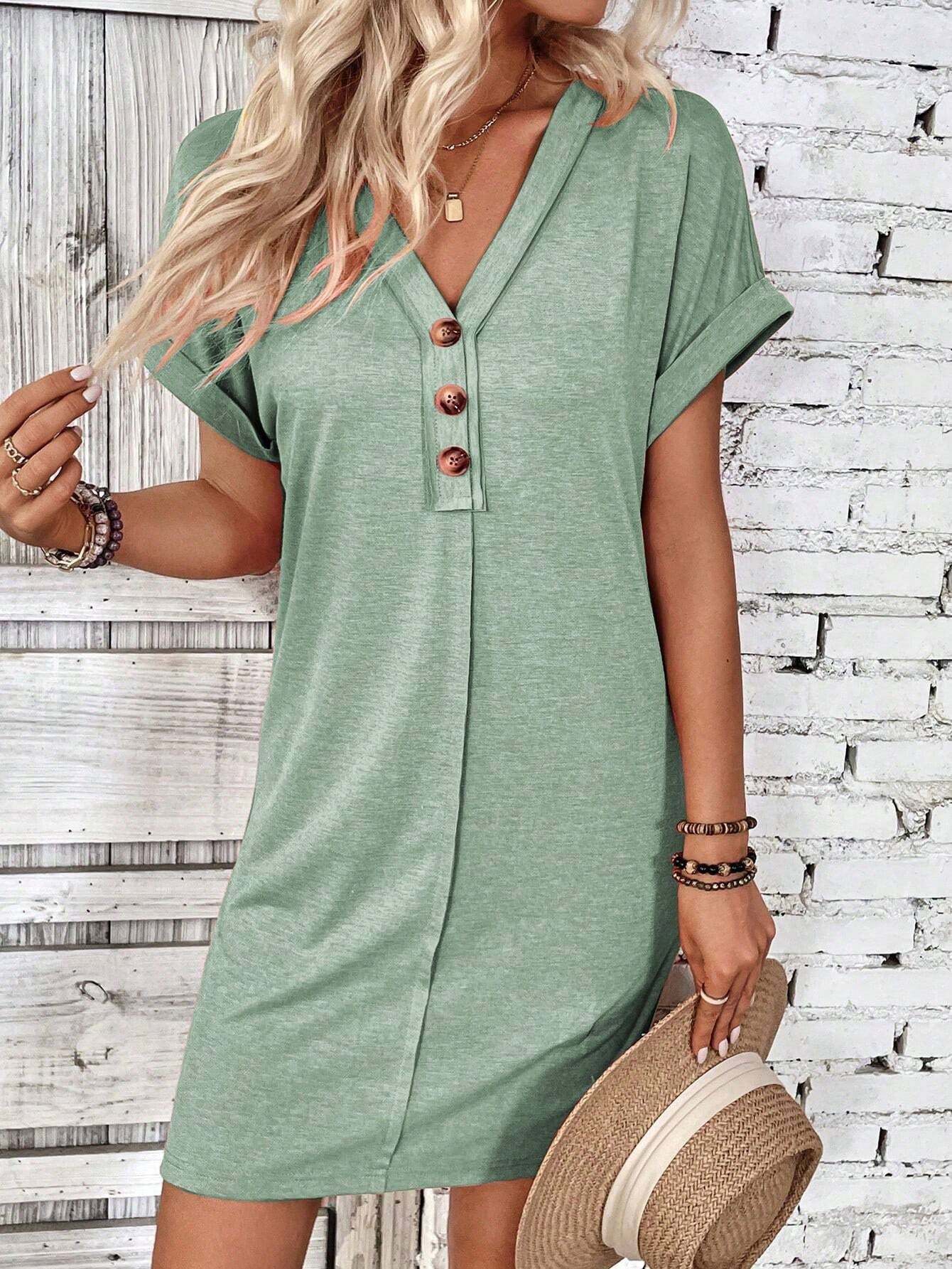 Summer Women Clothing All Match Buckle V neck Shoulder Roll Sleeve Solid Color Dress by Ragazza