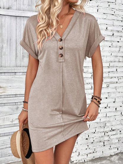 Summer Women Clothing All Match Buckle V neck Shoulder Roll Sleeve Solid Color Dress by Ragazza