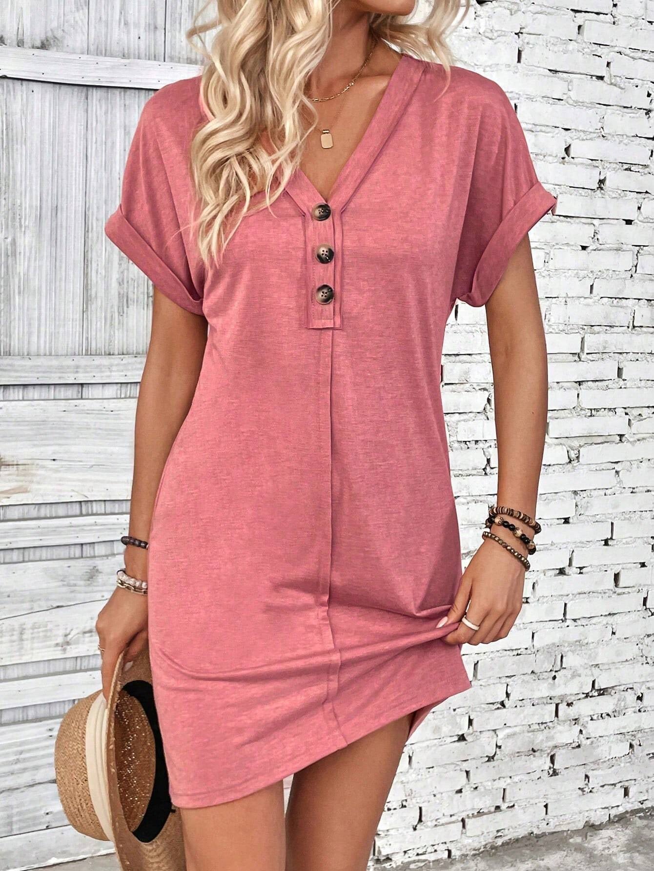 Summer Women Clothing All Match Buckle V neck Shoulder Roll Sleeve Solid Color Dress by Ragazza