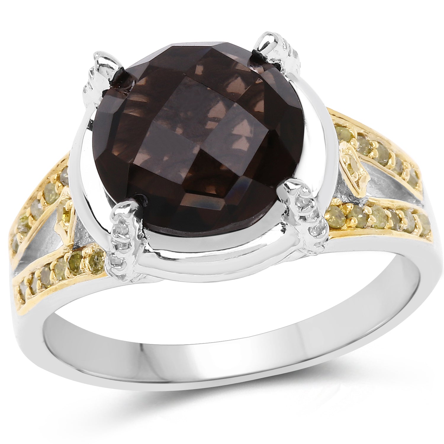 3.28 Carat Genuine Smoky Quartz, Yellow Diamond &amp; White Diamond .925 Sterling Silver Ring by Bids.com