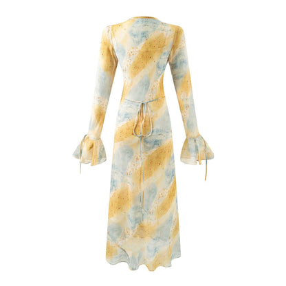 Autumn Women Clothing V neck Mid Length Printed Dress Women by Ragazza